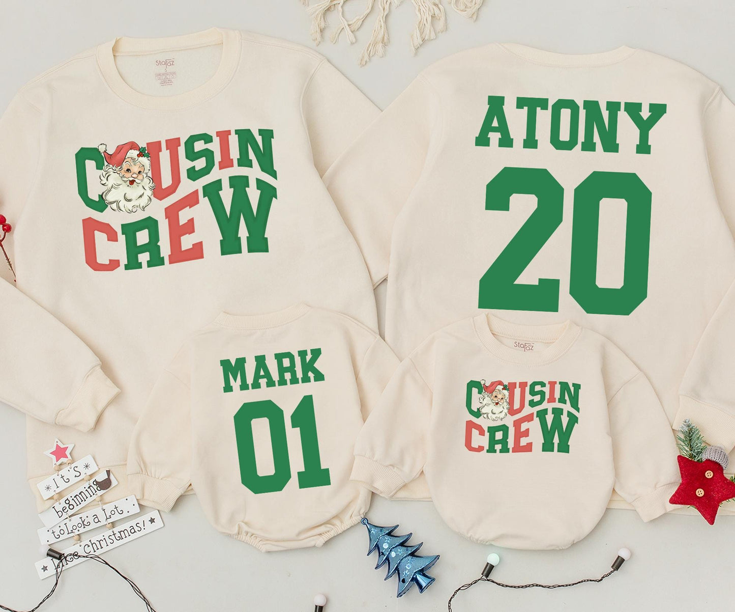 Personalized Cousin Crew Christmas Sweatshirts Retro Santa Design Matching Family Sweaters Cute Holiday Outfits Custom Name & Number Soft Cotton 138