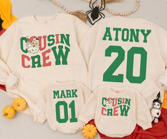 Personalized Cousin Crew Christmas Sweatshirts Retro Santa Design Matching Family Sweaters Cute Holiday Outfits Custom Name & Number Soft Cotton 138