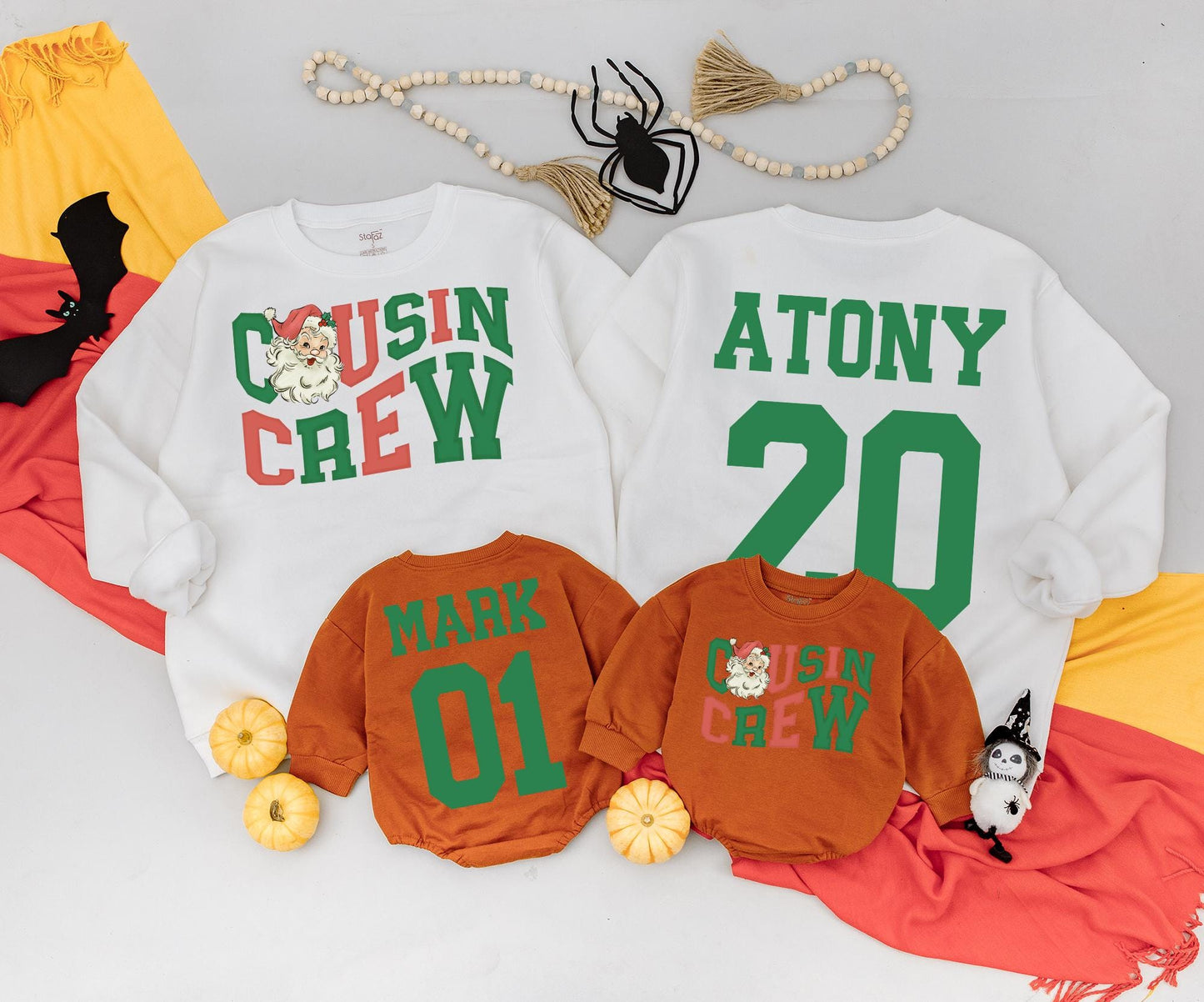 Personalized Cousin Crew Christmas Sweatshirts Retro Santa Design Matching Family Sweaters Cute Holiday Outfits Custom Name & Number Soft Cotton 138