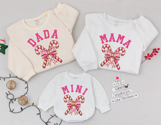 Mama Dada and Mini Candy Cane Matching Family Christmas Outfits Cute Holiday Sweaters for Baby Girl Gift