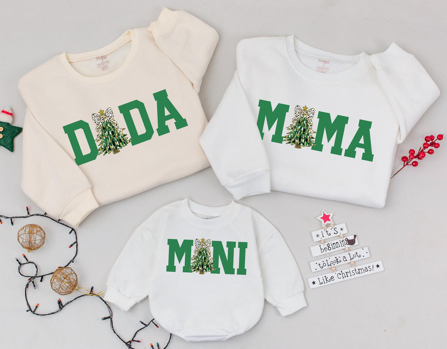 Dada Mama Mini Christmas Sweatshirts Family Matching Outfits Green Tree Dalmatian Bow Holiday Festive Baby Toddler Girl Gift Idea