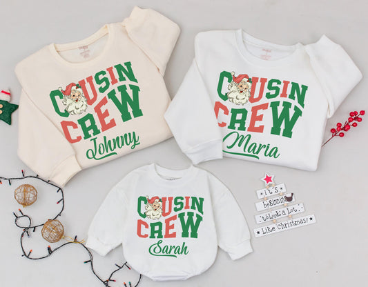 Personalized Christmas Cousin Crew Sweatshirts Matching Family Holiday Vintage Santa Toddler Sweaters with Green Name