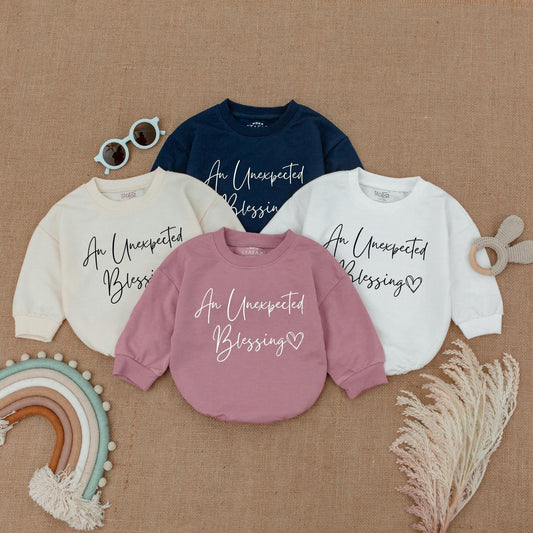 An Unexpected Blessing Bubble Romper Baby Announcement White Cursive Text Soft Baby Clothes Gift For Baby Shower Surprise Arrival