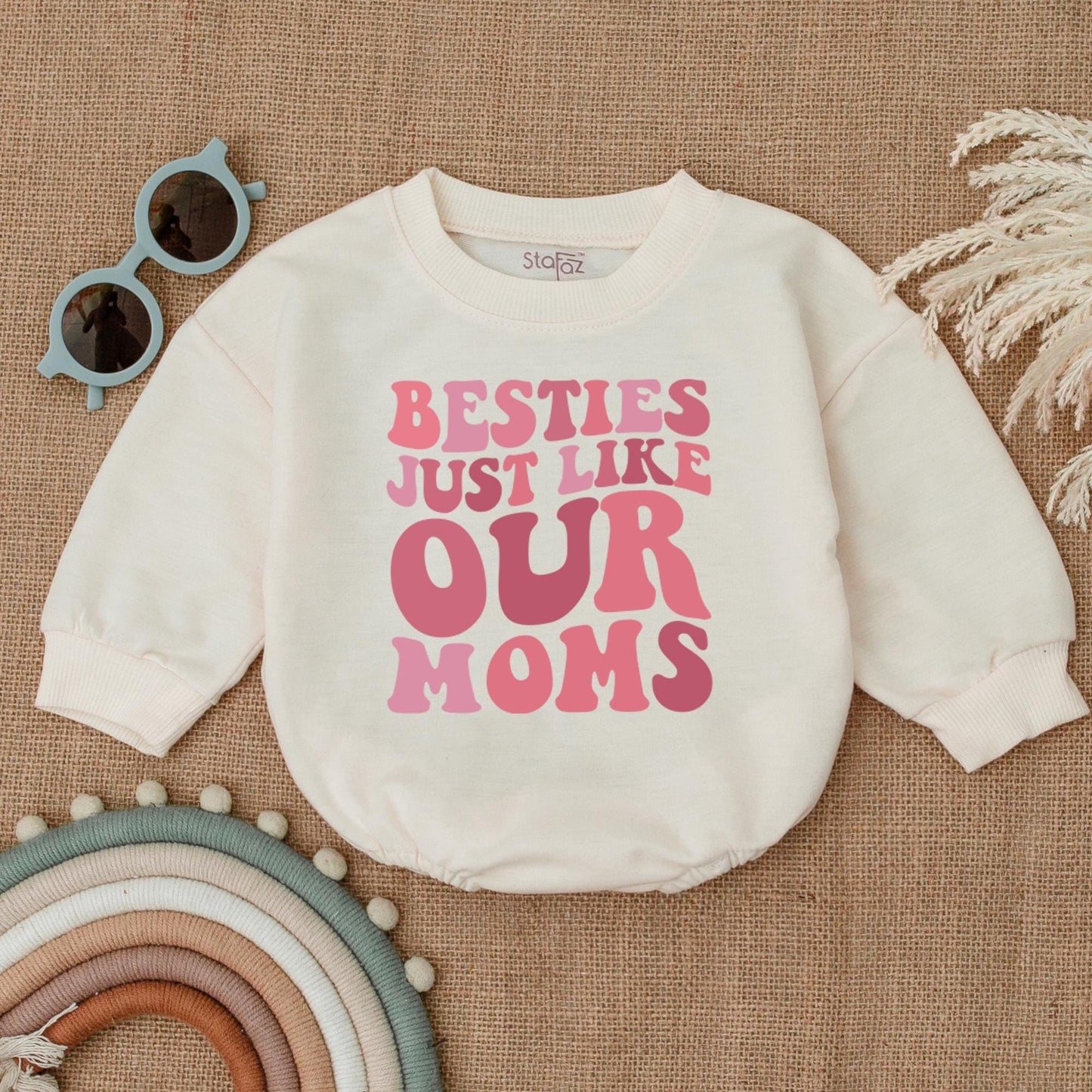 Besties Just Like Our Moms Bubble Romper Baby Girl Announcement Outfit White Pink Font Baby Shower Gift Newborn Clothes