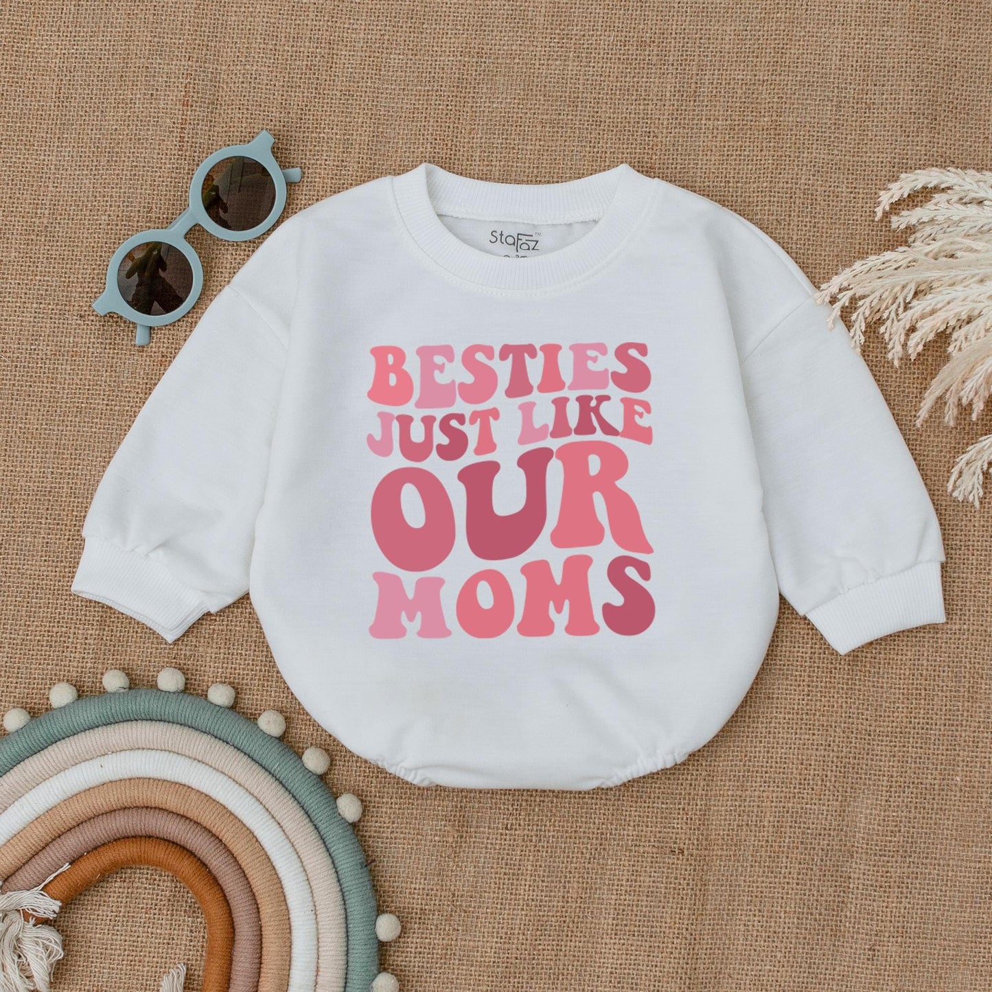 Besties Just Like Our Moms Bubble Romper Baby Girl Announcement Outfit White Pink Font Baby Shower Gift Newborn Clothes