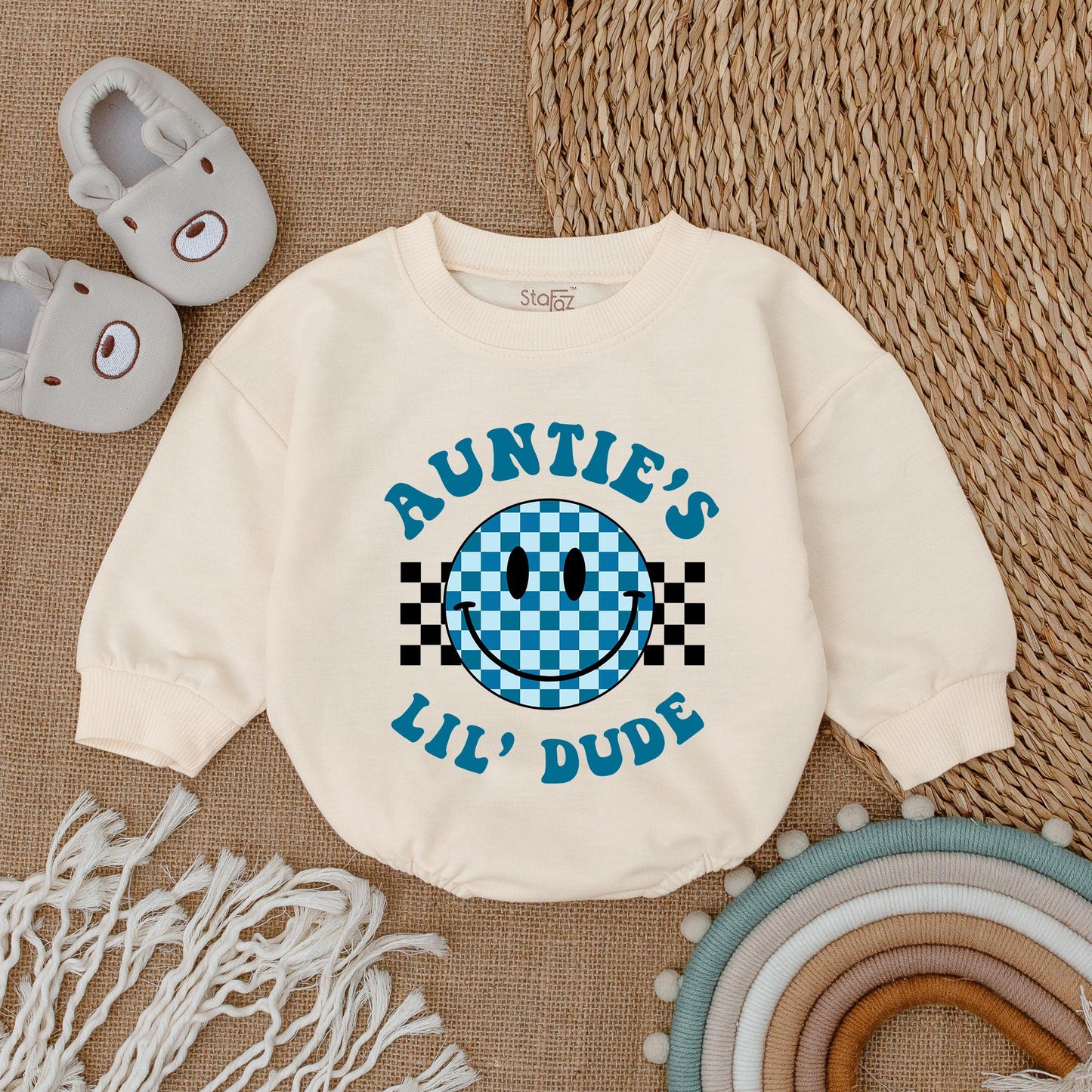 Auntie's Lil Dude Retro Smiley Bubble Romper Newborn Baby Gift for Auntie or Baby Shower Cute Blue Checkered Style Clothes