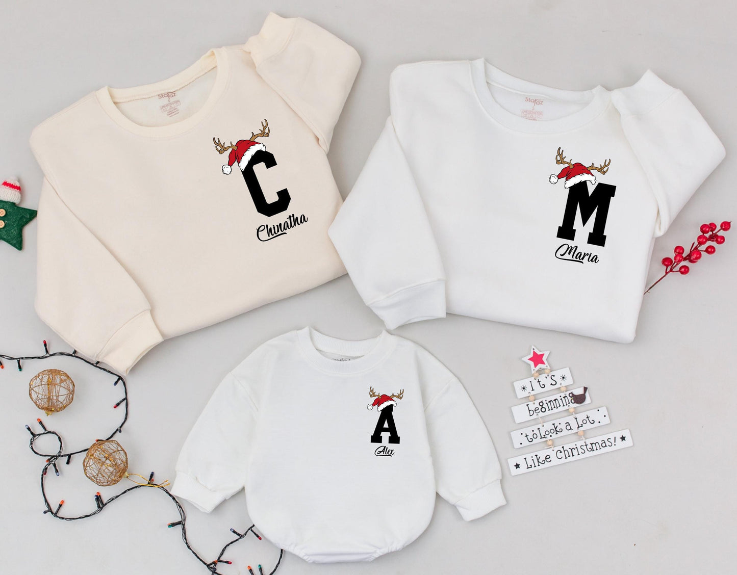 Custom Santa Hat Reindeer Letter & Name Family Matching Christmas Sweatshirt Holiday Gift
