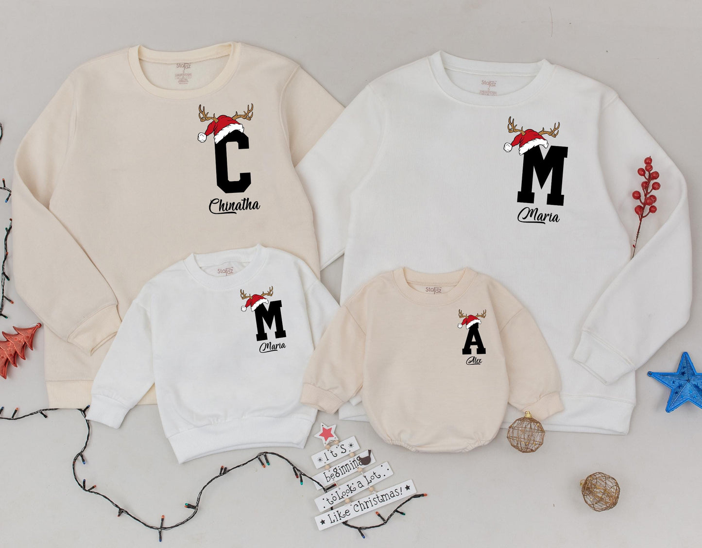 Custom Santa Hat Reindeer Letter & Name Family Matching Christmas Sweatshirt Holiday Gift
