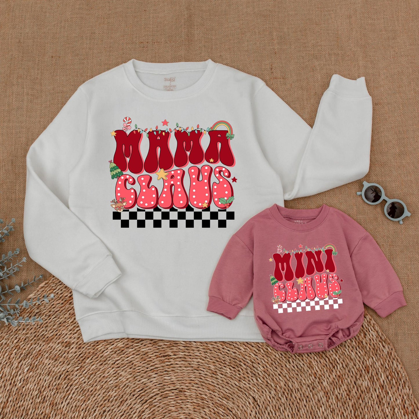 Retro Mama and Mini Claus Matching Sweatshirts, Black & White Checkered Bottom, Bubbly Font Christmas Family Sweaters Outfit, Soft Cotton, Vintage Style