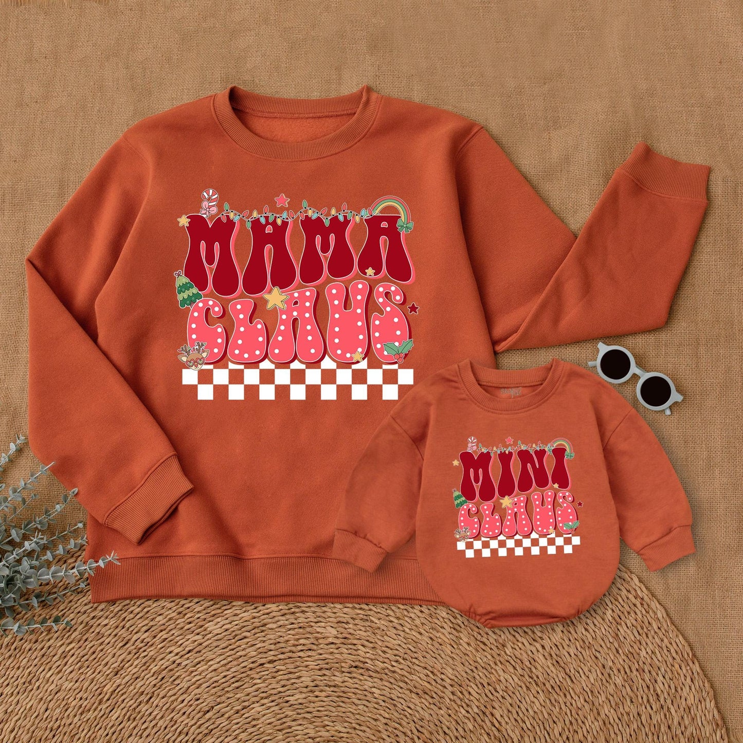 Retro Mama and Mini Claus Matching Sweatshirts, Black & White Checkered Bottom, Bubbly Font Christmas Family Sweaters Outfit, Soft Cotton, Vintage Style
