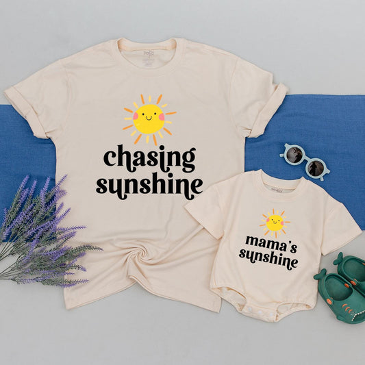 Mama & Me Chasing Sunshine Matching Shirts Set, Cheerful Sun Graphic Tees, New Mom Gift, Boho Matching Outfit, Playful Mommy and Baby T-Shirts, Comfy Cotton (140)