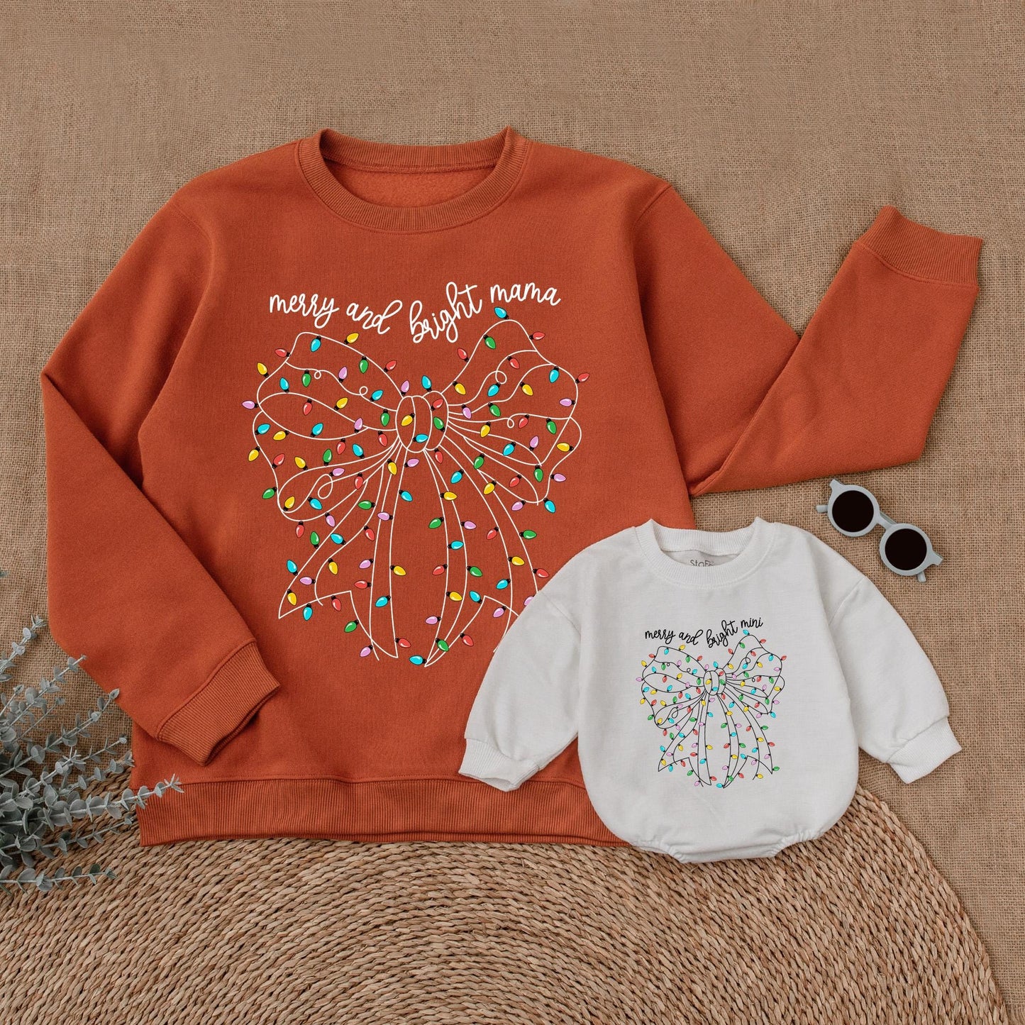 Christmas Merry & Bright Matching Family Sweatshirts Mama and Mini Holiday Outfits Red, Yellow, Blue, & Green Bow Design Mom & Daughter