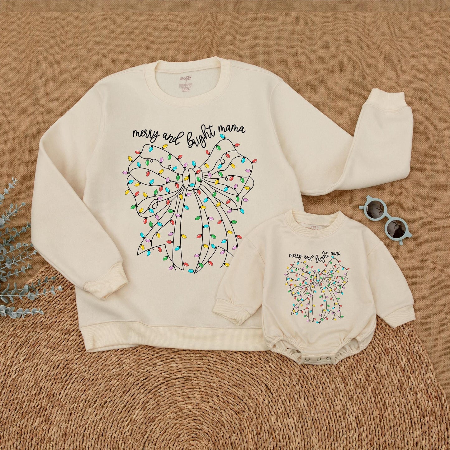 Christmas Merry & Bright Matching Family Sweatshirts Mama and Mini Holiday Outfits Red, Yellow, Blue, & Green Bow Design Mom & Daughter