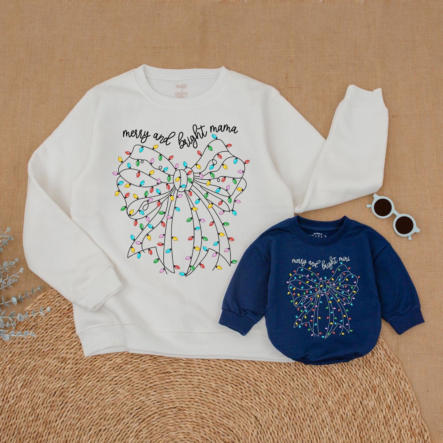 Christmas Merry & Bright Matching Family Sweatshirts Mama and Mini Holiday Outfits Red, Yellow, Blue, & Green Bow Design Mom & Daughter