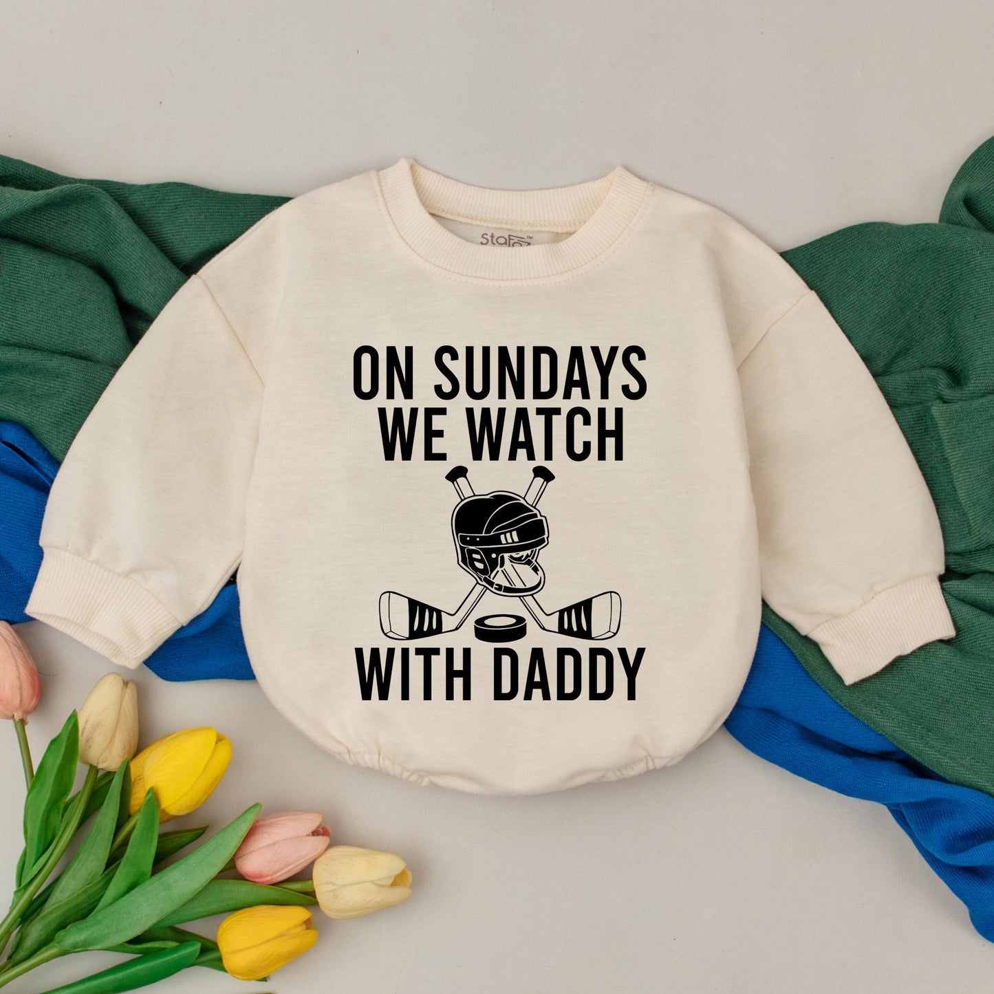 On Sundays We Watch Hockey With Daddy Romper Black Print Retro Sports Baby Bodysuit Game Day Dad's Buddy Gift