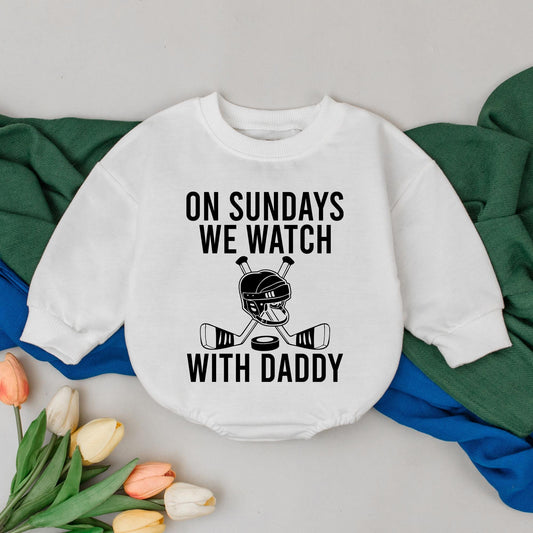 On Sundays We Watch Hockey With Daddy Romper Black Print Retro Sports Baby Bodysuit Game Day Dad's Buddy Gift