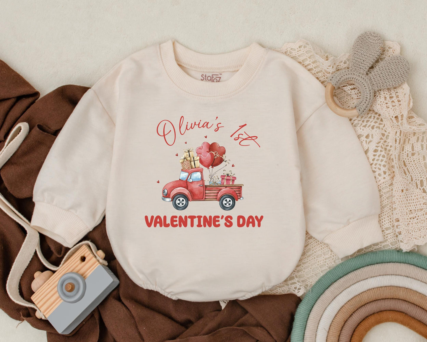 Olivia's 1st Valentine's Day Baby Romper Vintage Truck Gifts Heart Balloons Custom Name Newborn Outfit Baby Shower Gift Infant Clothes