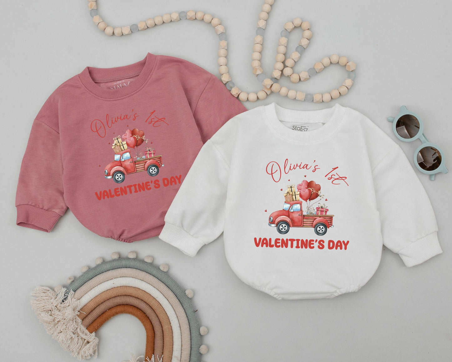 Olivia's 1st Valentine's Day Baby Romper Vintage Truck Gifts Heart Balloons Custom Name Newborn Outfit Baby Shower Gift Infant Clothes