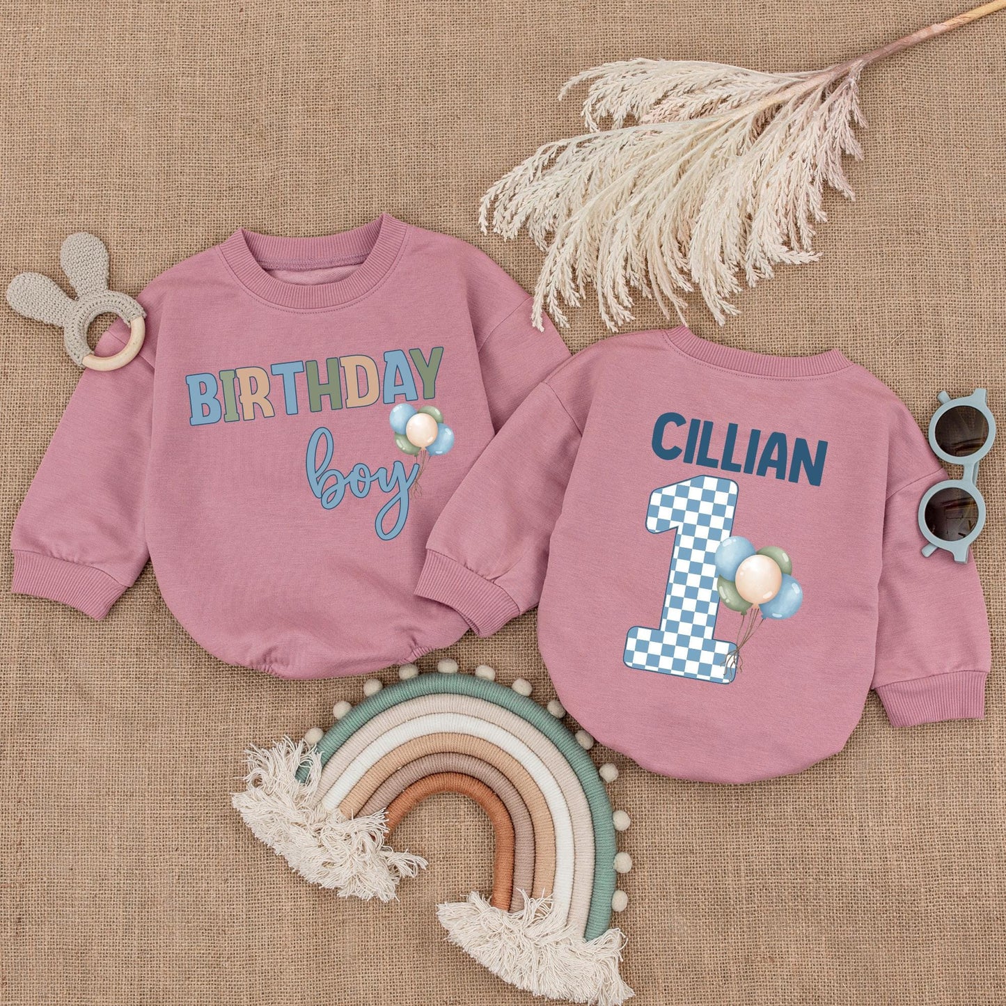 Personalized Blue Balloon Birthday Boy Bubble Romper for Baby Shower Gift or First Birthday Outfit