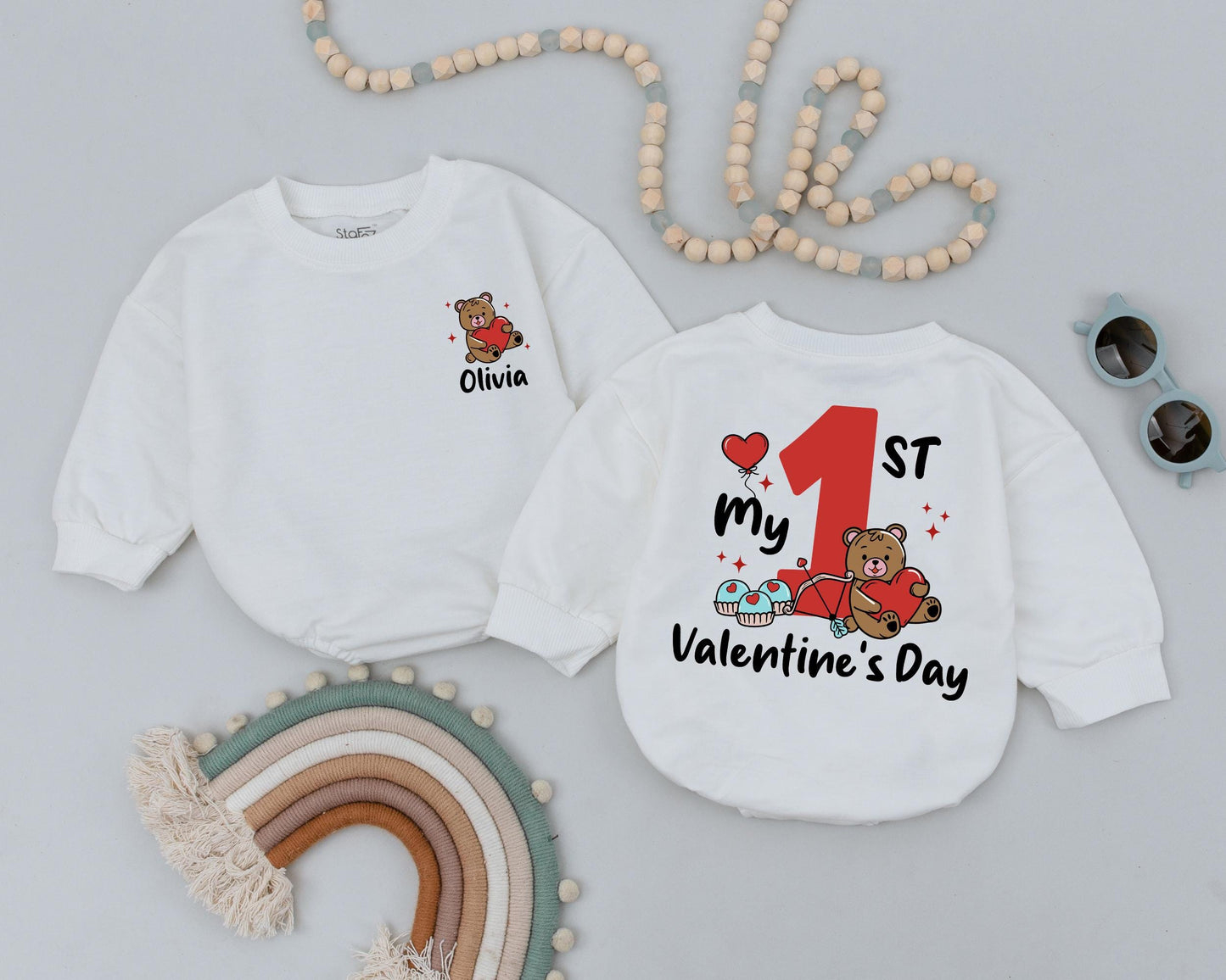 Custom Olivia Valentine's Day Romper for Baby Girl, Heart Teddy Bear & Name Newborn Outfit First Valentines Gift