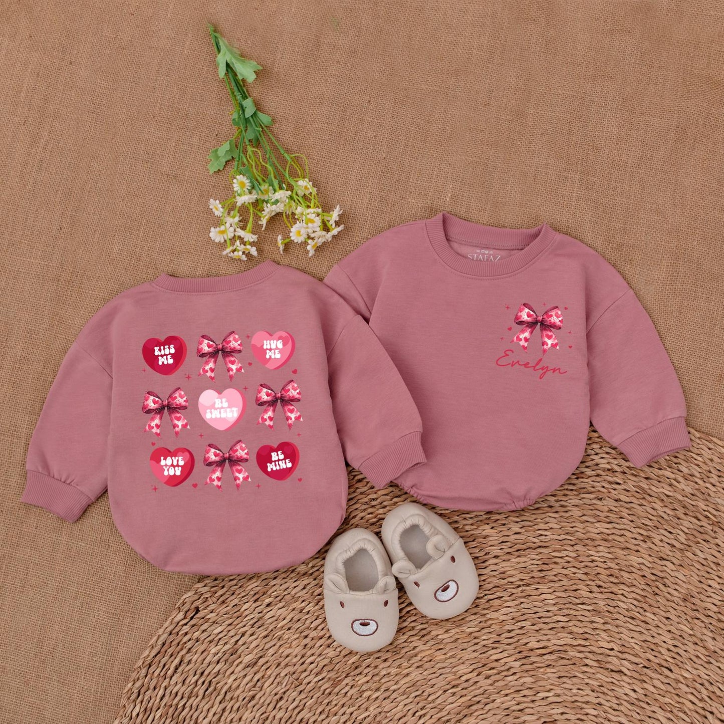 Valentine's Heart Bow Romper - Evelyn's Pink Hearts & Kiss Me Designs Baby Girl Valentine's Day Gift, Newborn Outfit, Baby Shower Gift