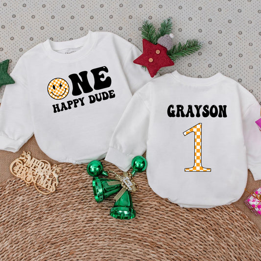 One Happy Dude Smiley Face Birthday Bodysuit Personalized Grayson Name First Birthday Outfit Baby Boy Clothes