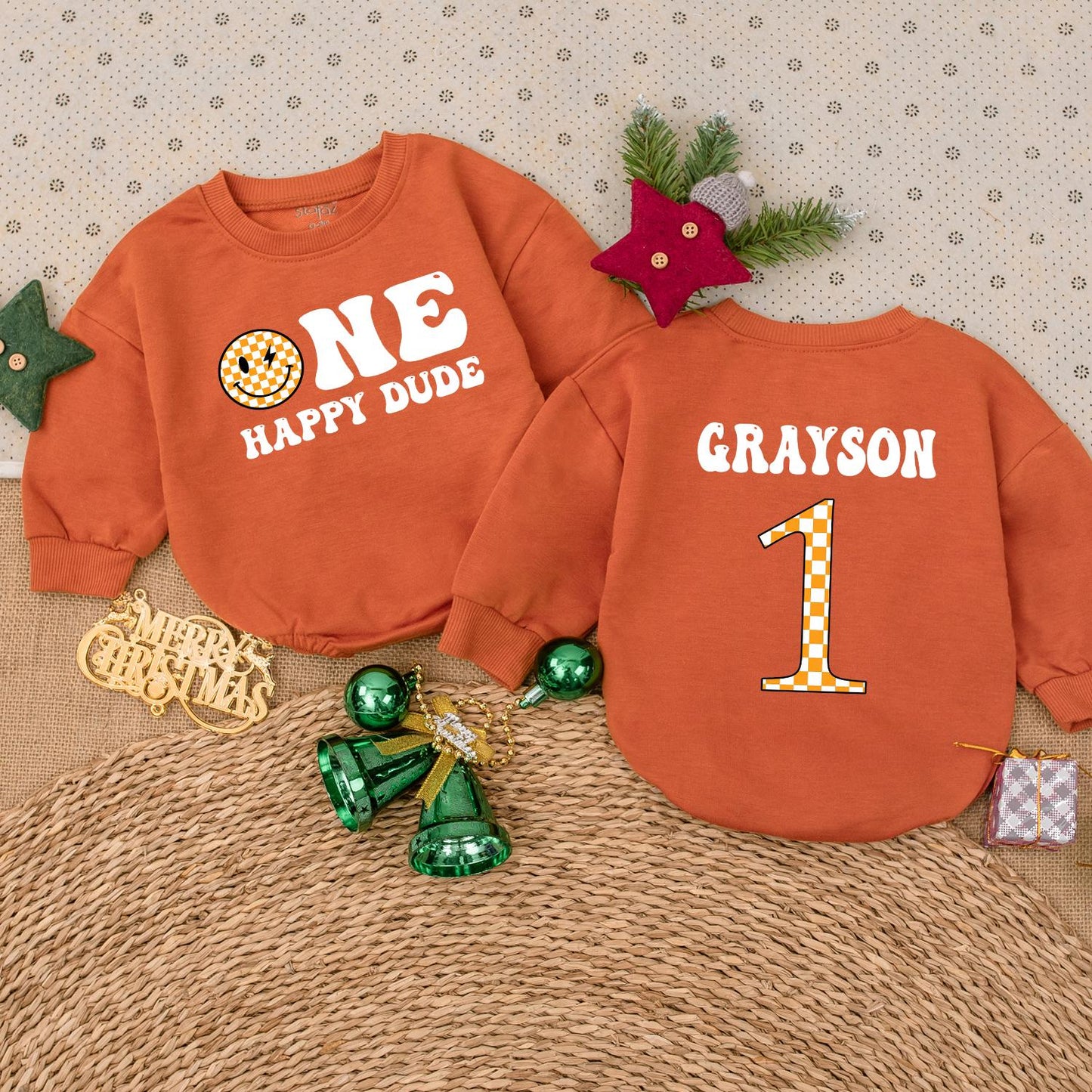 One Happy Dude Smiley Face Birthday Bodysuit Personalized Grayson Name First Birthday Outfit Baby Boy Clothes