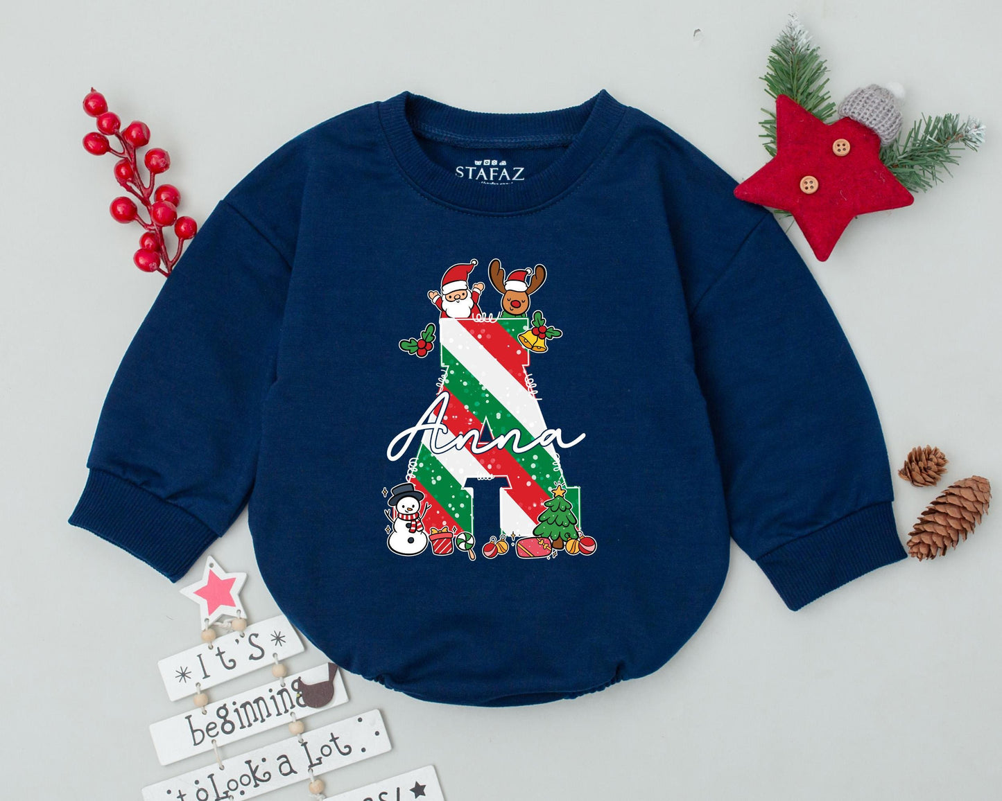 Grace's Festive First Christmas Romper with Santa Snowman Trees & Ornaments Personalized Name Baby Holiday Outfit
