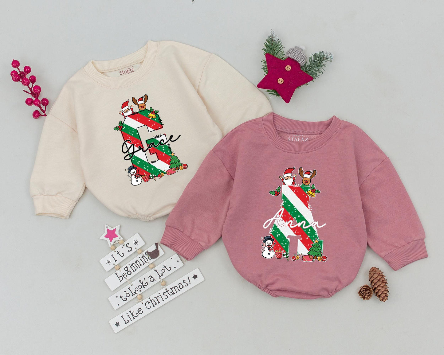 Grace's Festive First Christmas Romper with Santa Snowman Trees & Ornaments Personalized Name Baby Holiday Outfit