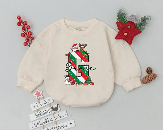 Grace's Festive First Christmas Romper with Santa Snowman Trees & Ornaments Personalized Name Baby Holiday Outfit