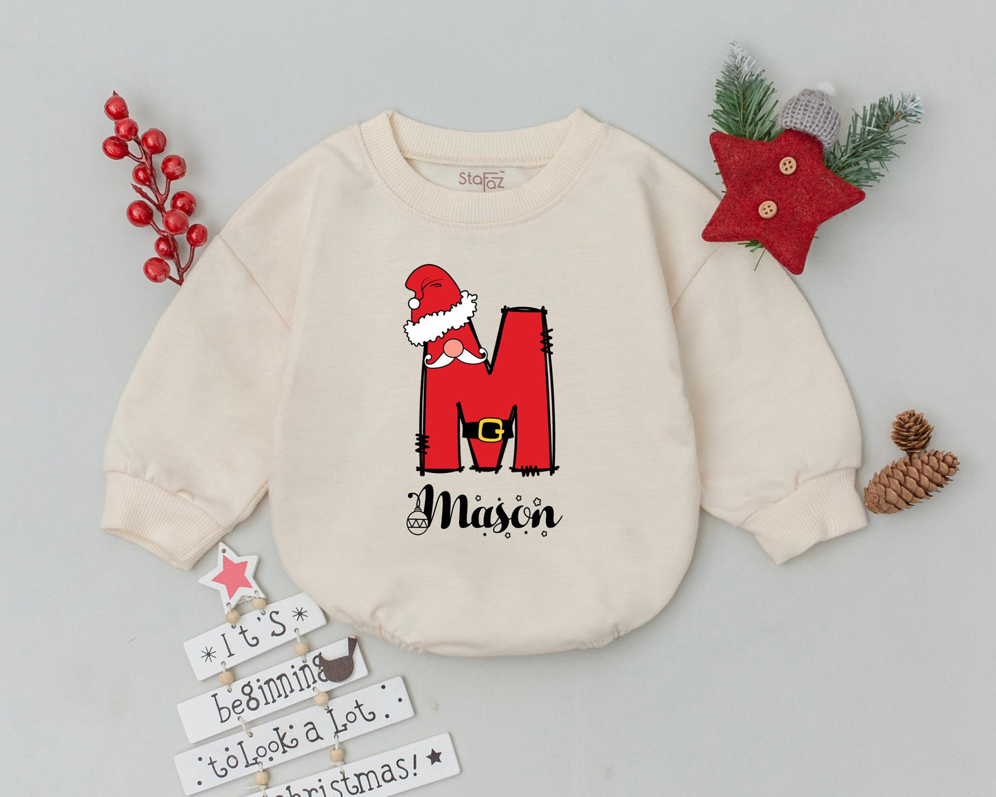 Personalized Name Santa M Christmas Baby Romper First Holiday Celebration Infant Bodysuit Toddler Sweatshirt Playful Festive Outfit Gift