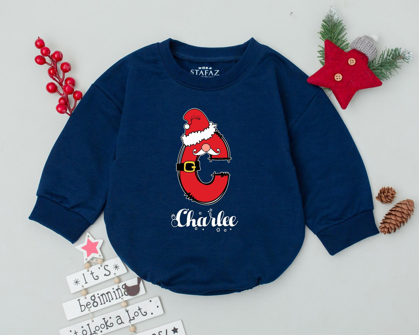 Personalized Name Santa M Christmas Baby Romper First Holiday Celebration Infant Bodysuit Toddler Sweatshirt Playful Festive Outfit Gift