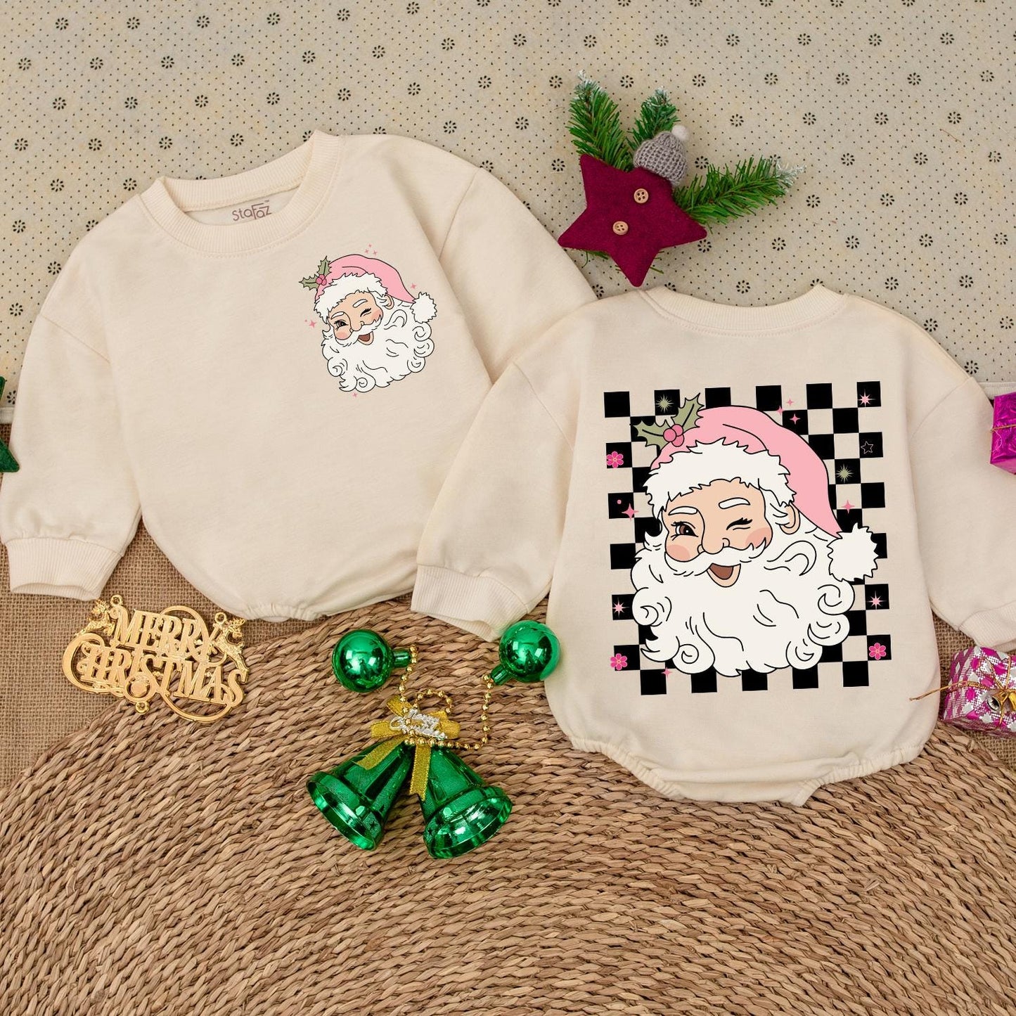 Pink Retro Santa Claus Baby Bodysuit Christmas Holiday Outfit with Holly Pink Hat Stars Flowers & Checkered Pattern Vintage Festive Romper