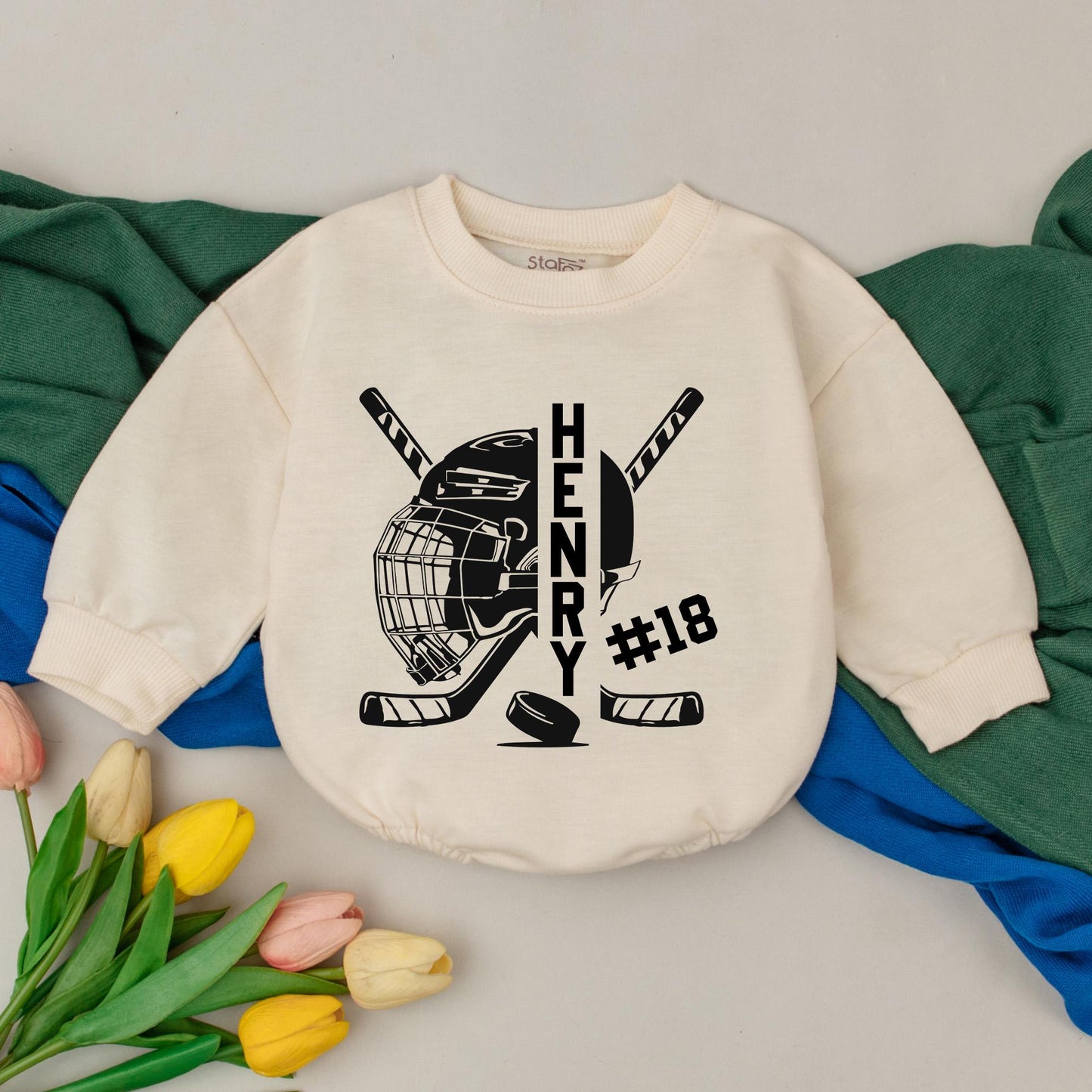 Personalized Hockey Baby Romper Black Helmet Sticks Puck Custom Name Number Sporty Game Day Infant Bodysuit Gift