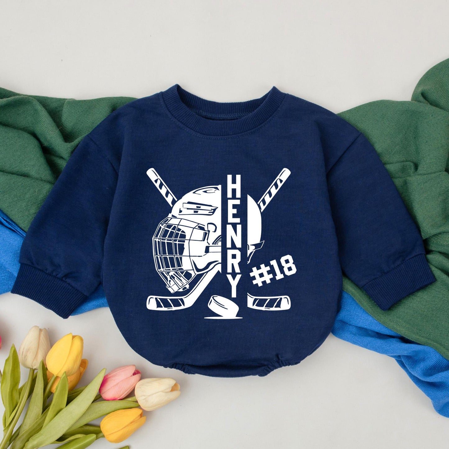 Personalized Hockey Baby Romper Black Helmet Sticks Puck Custom Name Number Sporty Game Day Infant Bodysuit Gift
