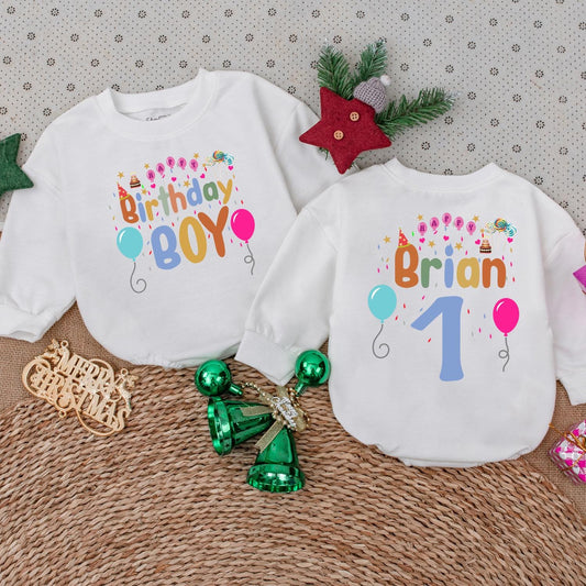 Personalized Brian First Birthday Boy Romper Colorful Balloons Stars Playful Festive Celebration Outfit Toddler Long Sleeve Cute Party Gift