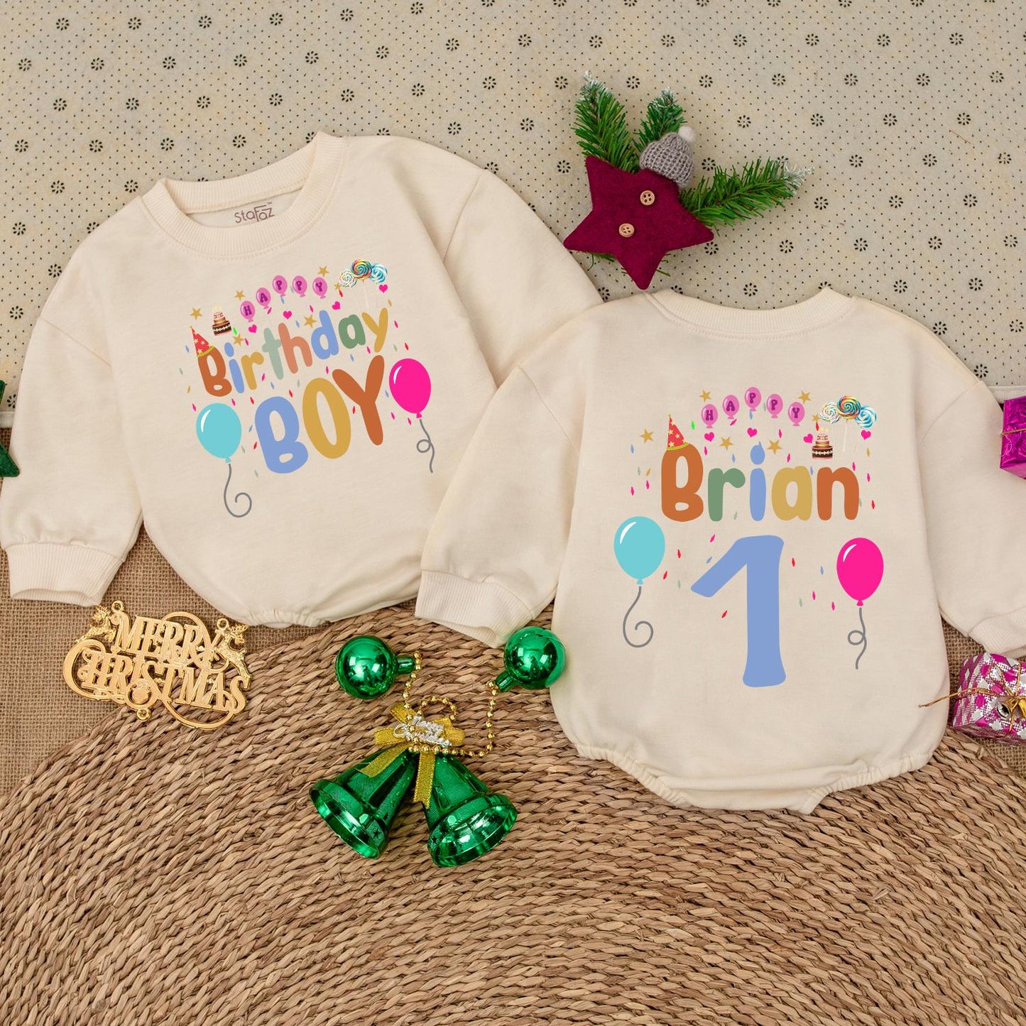 Personalized Brian First Birthday Boy Romper Colorful Balloons Stars Playful Festive Celebration Outfit Toddler Long Sleeve Cute Party Gift