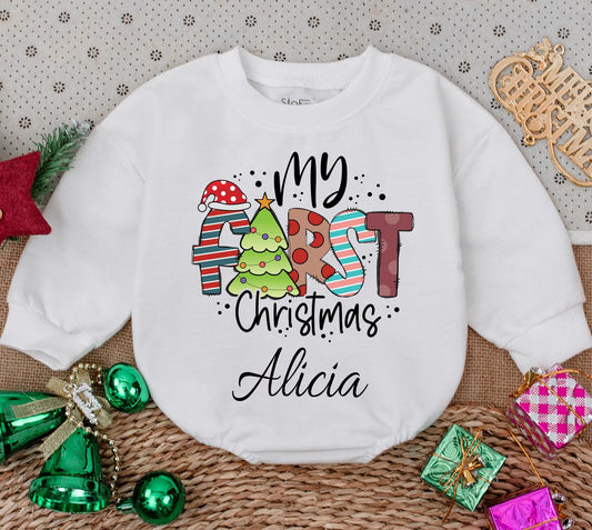 Personalized My First Christmas Baby Sweatshirt Romper Custom Name Whimsical Striped Dot Newborn Winter Holiday Outfit