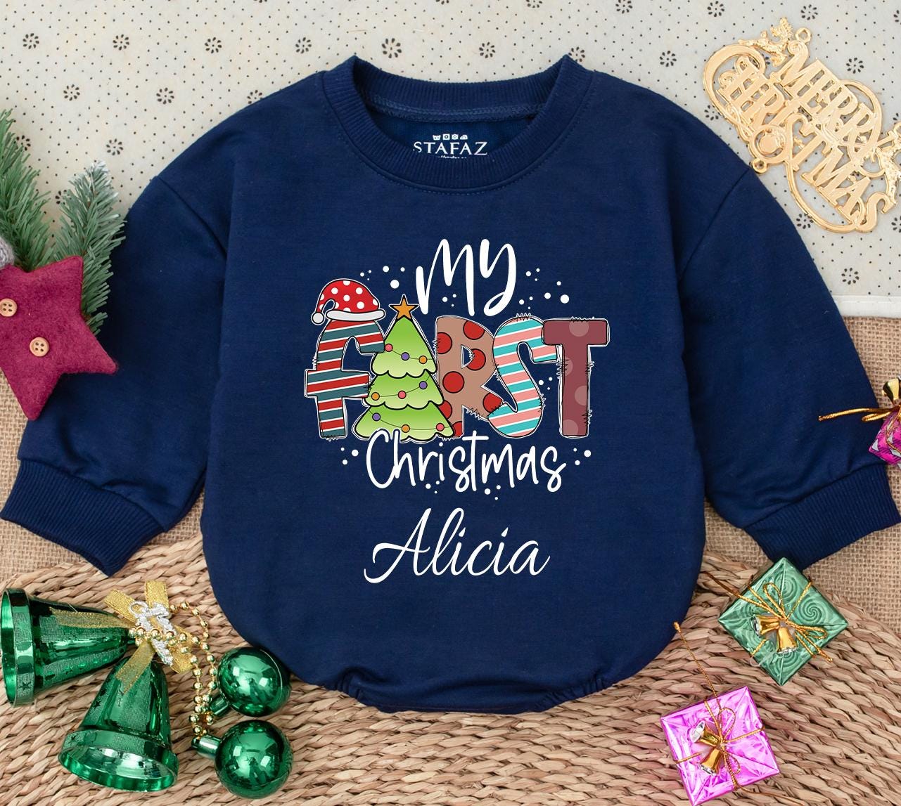 Personalized My First Christmas Baby Sweatshirt Romper Custom Name Whimsical Striped Dot Newborn Winter Holiday Outfit
