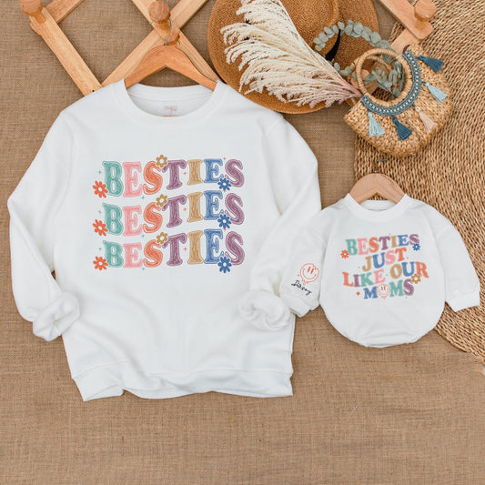 Retro Besties Sweatshirt Matching Baby Bodysuit Floral Playful Vibes Pink Orange Blue Purple Pastel Colors