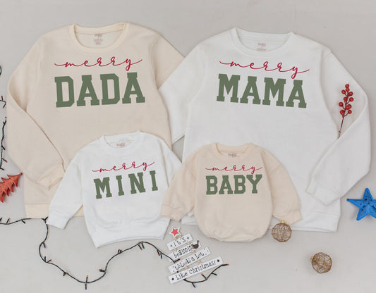 Matching Family Christmas Sweatshirts with Merry Mama Dada Baby Design Cozy Holiday Outfits Red Cursive Green Bold Font Comfortable Tops