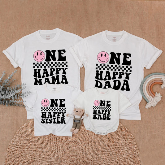 One Happy Babe Birthday Matching Family Shirt Retro Smiley Face Lightning Bolt Girl Outfit