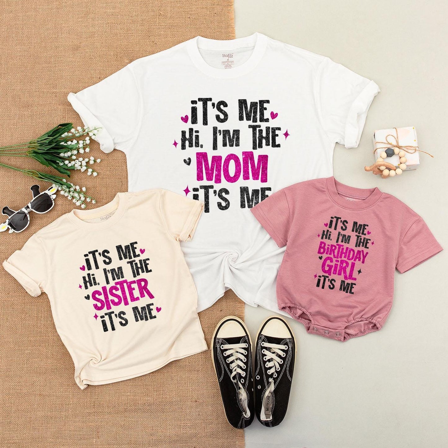Birthday Girl Glitter Outfit! Matching Family Shirts: It's Me Hi, I'm the... Romper, Sister Tee, Mommy and Me Set, Fun Pink Star Gift for Girls 137