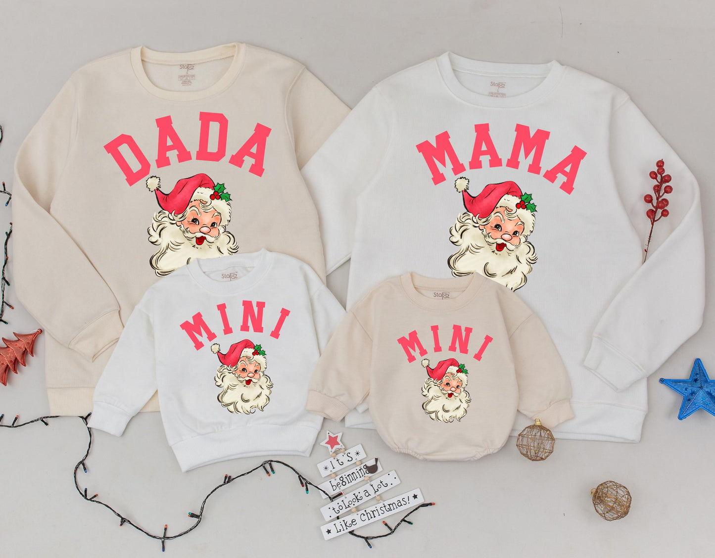 Matching Mama Dada Mini Christmas Sweatshirts Retro Pink Santa Mom Toddler Outfit Christmas Sweater Gift