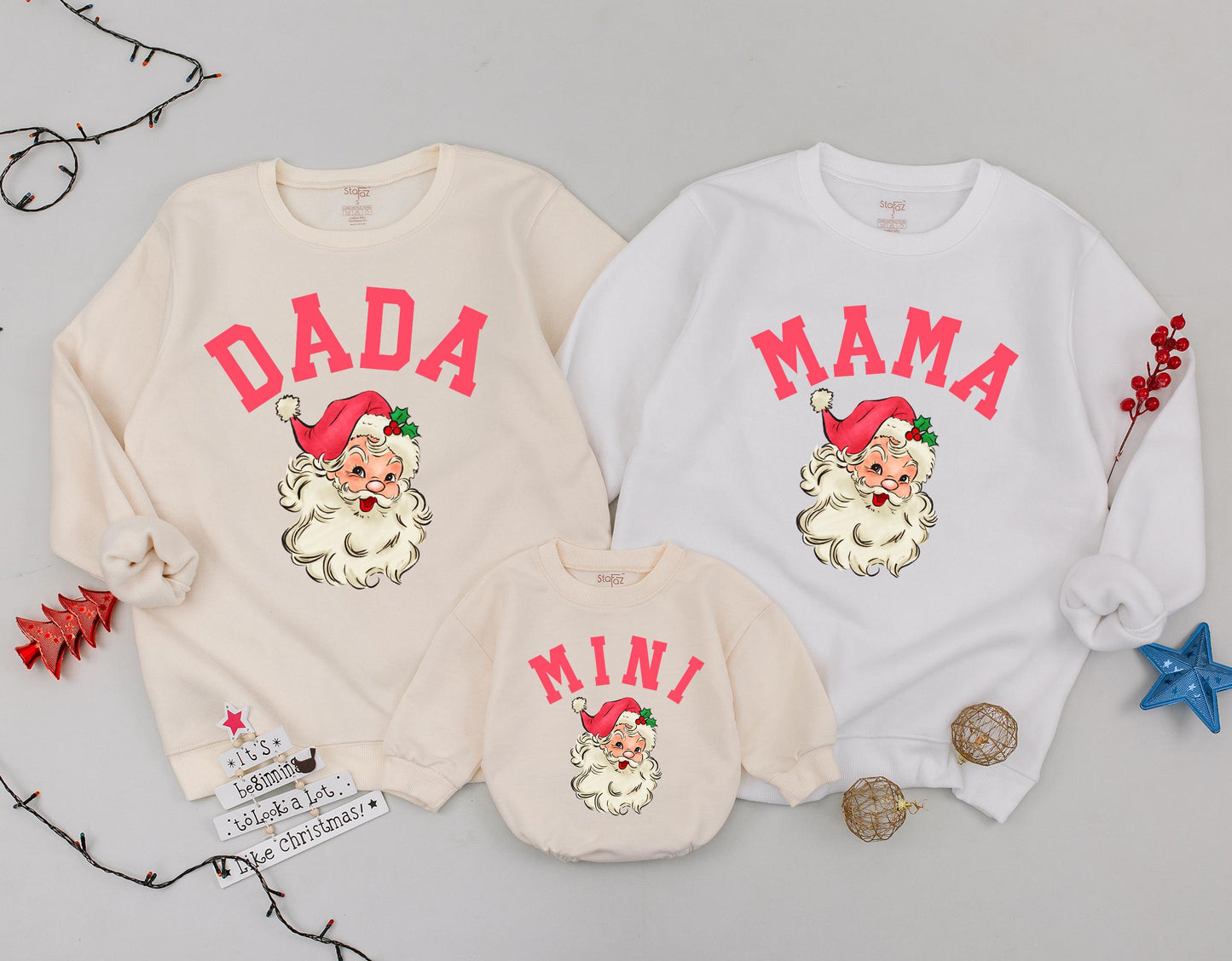 Matching Mama Dada Mini Christmas Sweatshirts Retro Pink Santa Mom Toddler Outfit Christmas Sweater Gift