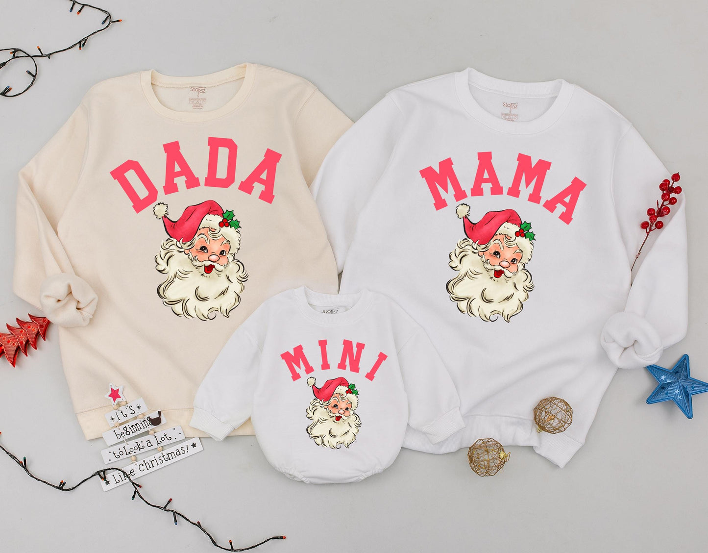 Matching Mama Dada Mini Christmas Sweatshirts Retro Pink Santa Mom Toddler Outfit Christmas Sweater Gift