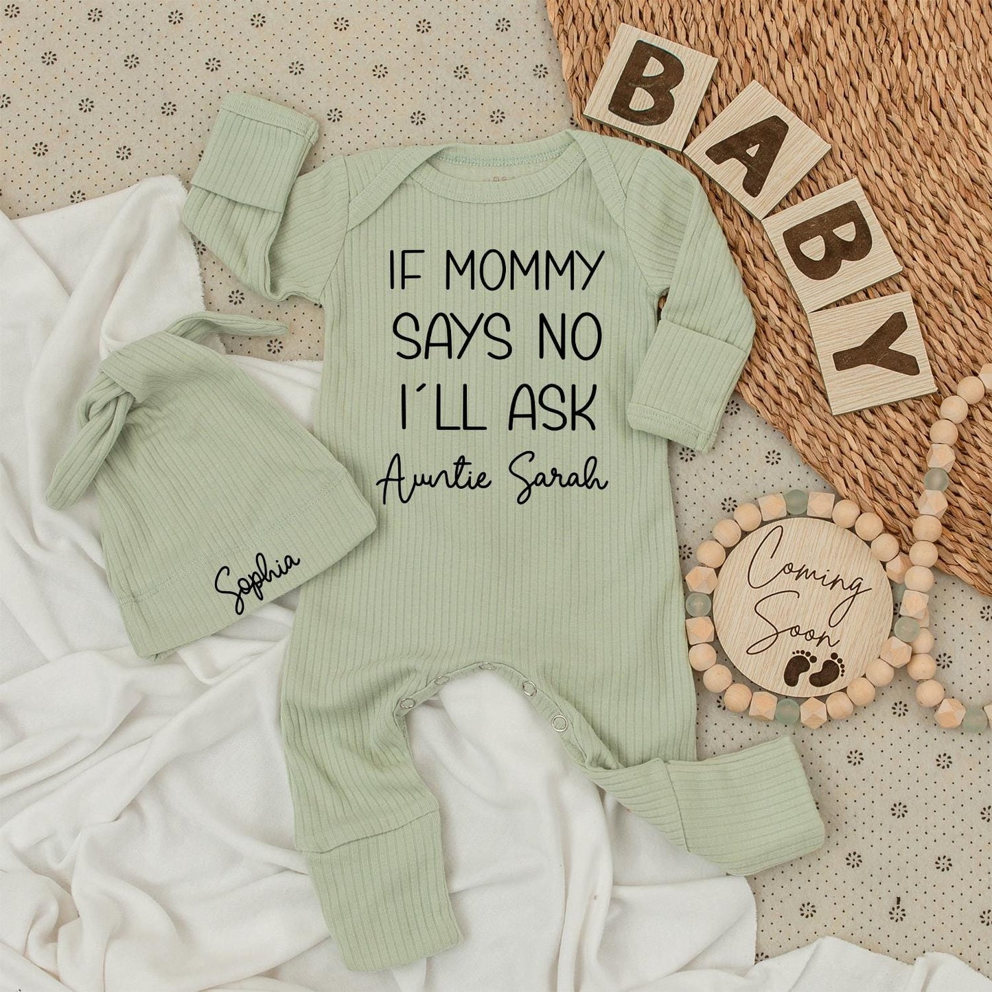 Funny If Mommy Says No I'll Ask Auntie Personalized Baby Bodysuit New Baby Shower Gift Pregnancy Announcement Modern Soft Cotton