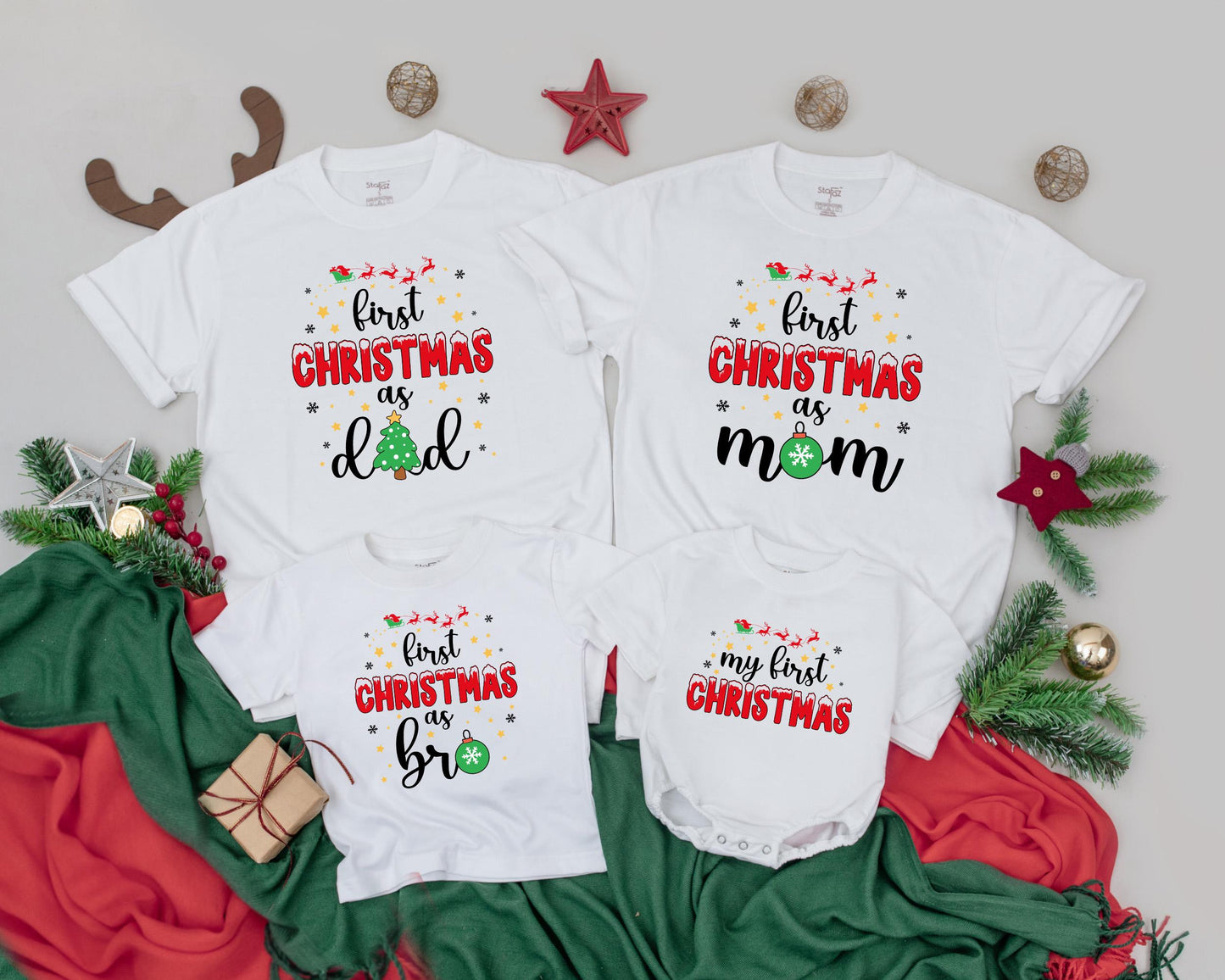 First Christmas as Dad Mom Baby Matching Shirts, Vintage Family Outfits, My 1st Christmas, Sleigh Reindeer Newborn Outfit, Holiday Celebration (136 chars)