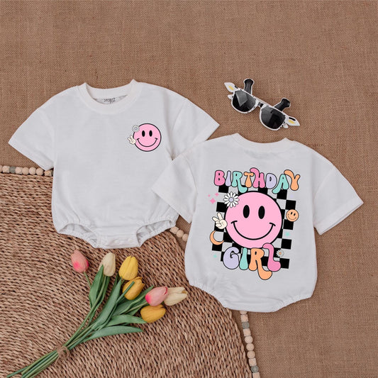 Birthday Girl Smiley Face Romper 1st Birthday Outfit Retro Fun Design Baby Girl Clothes Happy Birthday Girl Bodysuit Gift