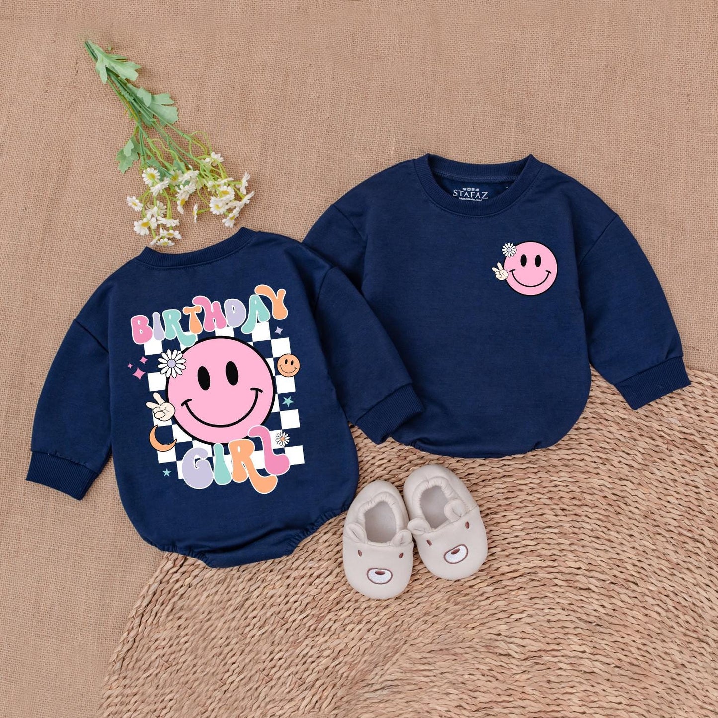 Birthday Girl Smiley Face Romper 1st Birthday Outfit Retro Fun Design Baby Girl Clothes Happy Birthday Girl Bodysuit Gift